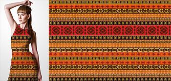 06018 Materiał ze wzorem kolorowy motyw inspirowany sztuką afrykańską z tradycyjnymi elementami w kolorach czerwieni, pomarańczy i żółci